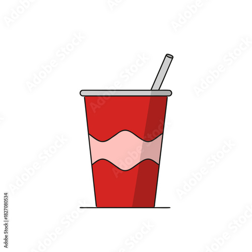 A vibrant red disposable cup with a white wavy stripe and a light gray lid and straw, set against a stark black background. This graphic illustration depicts a refreshing beverage.