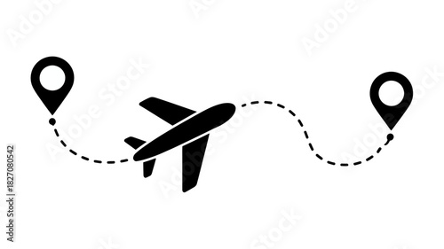 Airplane flight path connecting two distinct location pins icon