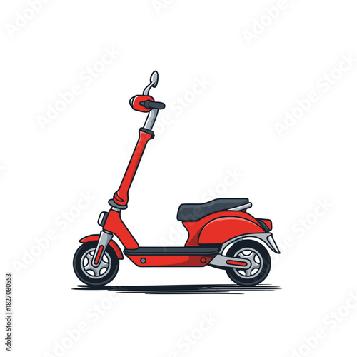 A vibrant red electric scooter with a sleek design and silver accents parked against a stark black background featuring a prominent display screen and circular button