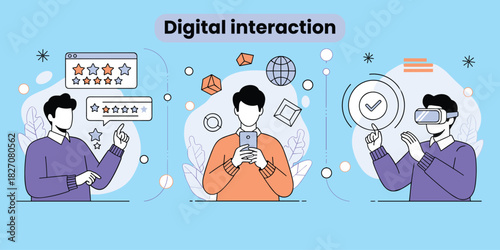 Digital interaction, user feedback, mobile engagement, global connectivity, virtual reality, immersive tech, online review, smartphone usage, futuristic interface, flat vector illustration