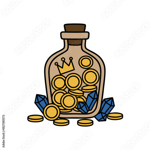 A whimsical bottle filled with golden coins and sparkling blue crystals adorned with a golden crown suggesting treasure and abundance in a flat vector sticker art style