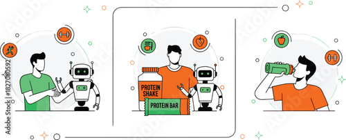 Fitness technology, nutrition support, AI workout, protein shake, healthy lifestyle, robot trainer, wellness assistant, smart fitness, flat vector illustration