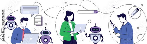 Human robot interaction, AI collaboration, digital teamwork, artificial intelligence, tech assistance, smart automation, communication tools, flat vector illustration