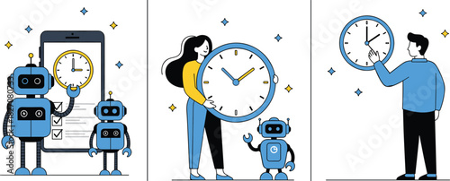 Time management, scheduling tools, robot assistant, clock illustration, productivity concept, mobile checklist, smart planning, flat vector illustration