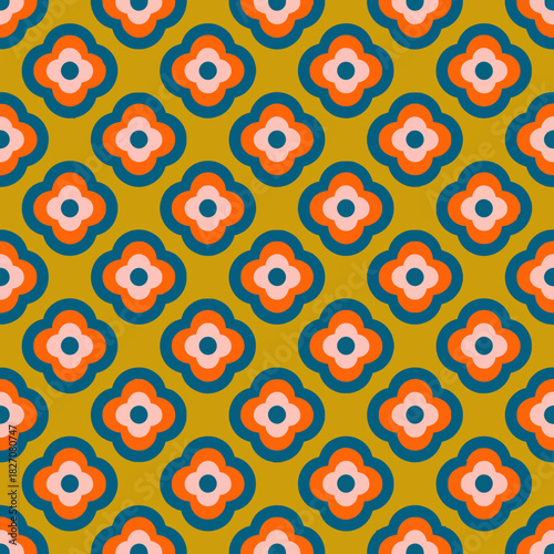 Retro floral geometric pattern design in mustard and teal colors.