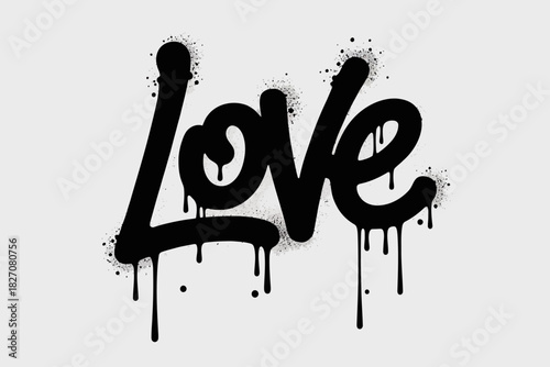 Love" graffiti spray paint black text with drips on white background