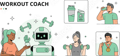 Workout coach robot, fitness training, AI exercise guide, protein supplement, dumbbell lifting, fitness achievement, health motivation, flat vector illustration