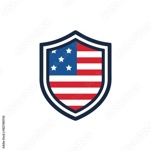 American Flag Shield Emblem A Patriotic Heraldic Symbol Featuring Red White Blue Stripes And Stars On A Black Background Minimalist Flat Vector Art Clean Sticker Design
