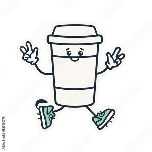 Animated Coffee Cup Character With Arms Legs Gloves Sneakers Smiling With Peace Signs Raised In The Air Against A Black Background