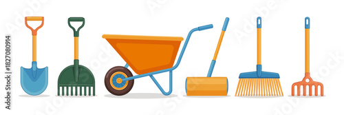 Garden tools set, a collection of essential implements for yard work.