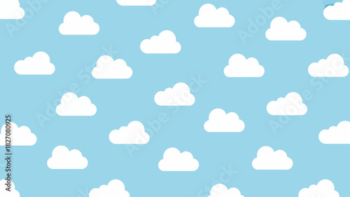 Seamless pattern of white cartoon clouds on a vibrant blue sky