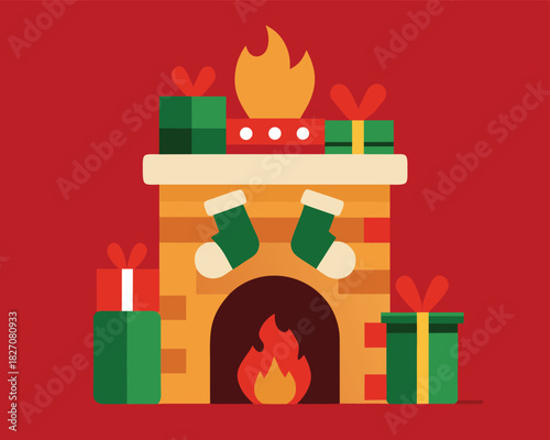 Christmas Fireplace Scene Card With Stockings And Decor | Cozy Christmas Fireplace Greeting