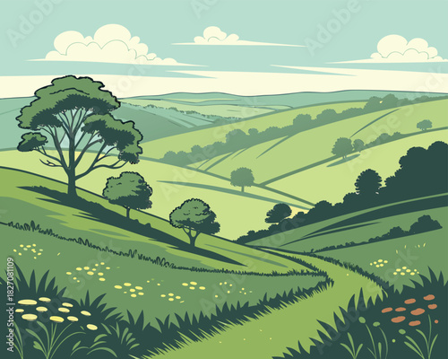 Green Hills And Clear Blue Sky | Scenic Green Hill Landscape