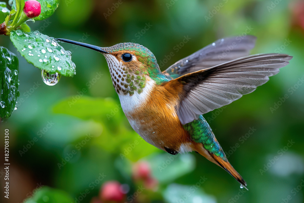 Fototapeta premium Hummingbird hovers near flower with water droplets
