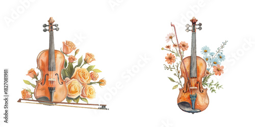 cute violin and flowers watercolor vector illustration
