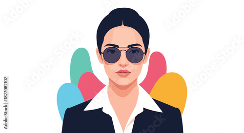 Stylized portrait of a woman wearing sunglasses and a dark suit with colorful abstract shapes in the background.