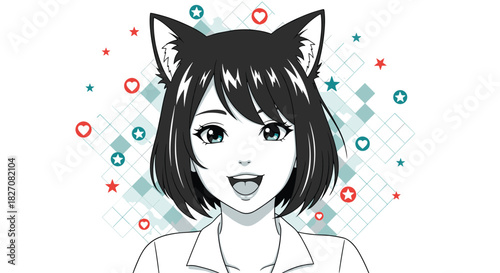 Anime style drawing of a young woman with cat ears and short black hair, smiling widely with an open mouth.