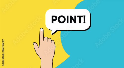 A pointing finger and a speech bubble saying point, symbolizing engagement or direction.