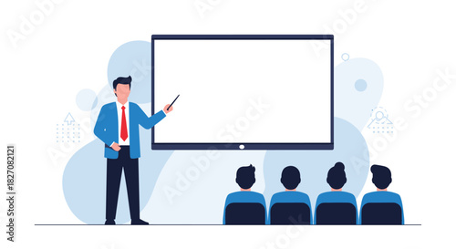 A businessman in a blue suit and red tie presents to an audience in front of a blank projection screen.