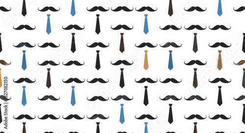 Seamless pattern of mustaches and ties in various colors and textures on a white background.