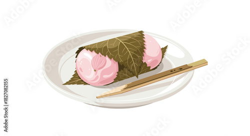 Two pink sakura mochi are served on a white plate with a leaf and chopsticks.