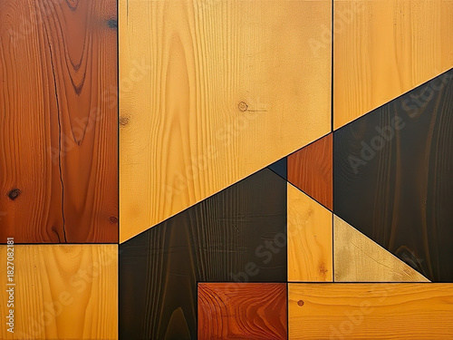 Abstract geometric collage of wooden panels in varied natural tones, from light yellow to dark brown, forming modern shapes like triangles and rectangles. Ideal for interior design, backgrounds
