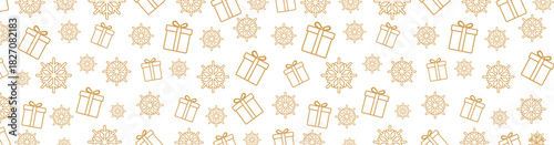 Seamless gold line art Christmas pattern with scattered gift boxes and snowflakes on white background, ideal for festive wrapping paper, textiles, web backgrounds, greeting cards and holiday packaging