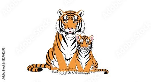 Two tigers, a mother and her cub, sit side-by-side against a white background.