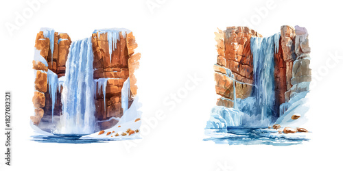 frozen waterfall in canyon watercolor vector illustration
