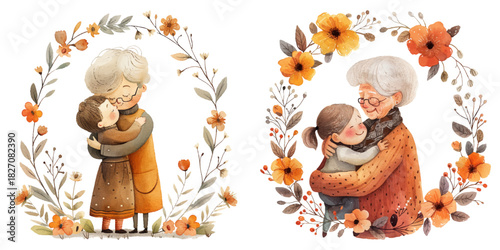 grandma hugging grandchild with flower wreath watercolor vector illustration