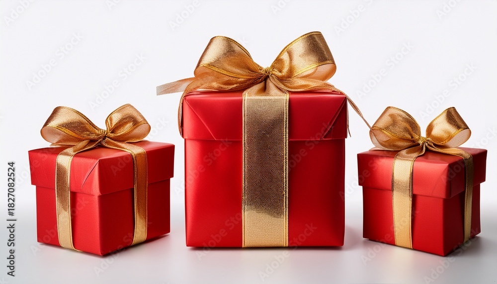 Obraz premium Three Red Gift Boxes With Gold Ribbon And Bows Isolated On Transparent Background