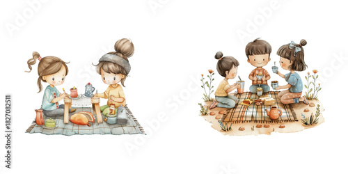kids having a picnic watercolor vector illustration