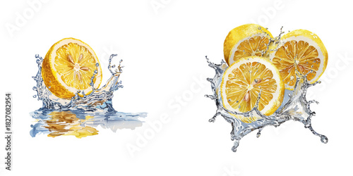 lemon flying with splash water watercolor vector illustration