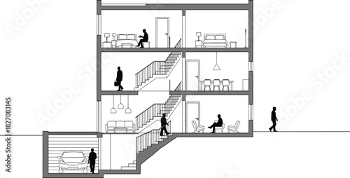 Architectural building section with staircases, interior floors, human silhouettes, modern structure, parking garage, office levels, circulation pathway
