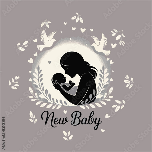 Silhouette of mother holding newborn baby surrounded by floral design and doves vector