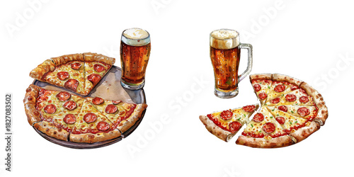 pizza and beer watercolor vector illustration