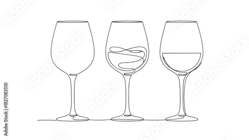 Minimalist continuous one line art drawing of three wine glasses, showcasing the elegant process of wine tasting from swirl to settle