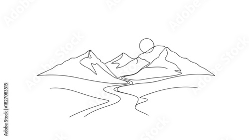 One continuous line art illustration of a mountain landscape with sun and river for design