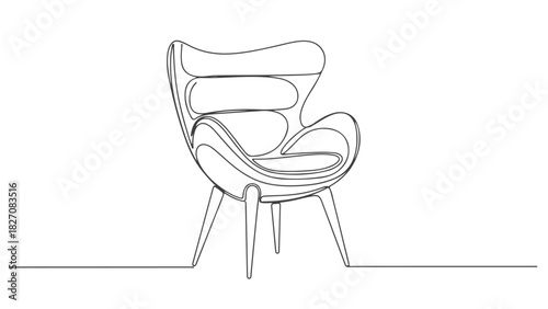 Elegant and modern armchair rendered in a single continuous line art drawing, showcasing minimalist design and artistic simplicity, one fluid line