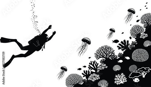 Scuba diver exploring coral reef underwater, jellyfish and tropical fish in ocean scene, marine silhouette vector illustration for aquatic design