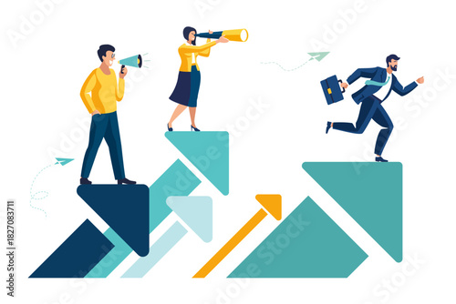 Teamwork path goal success. Studying the horizons, company's work and development. People, business, businessman running, profit, growth arrow, girl spyglass looking for new ideas. Vector illustration