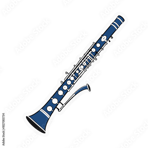 Close Up Of A Dark Blue Clarinet With White Outline And Black Background Featuring A Matte Finish And Silver Keys And Tone Holes