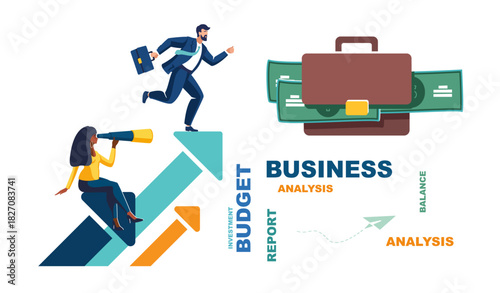 Teamwork, path, goal, success Work, company development. People, business, businessman running after briefcase with money, dollar, growth arrow, girl spyglass looking for new ideas.Vector illustration