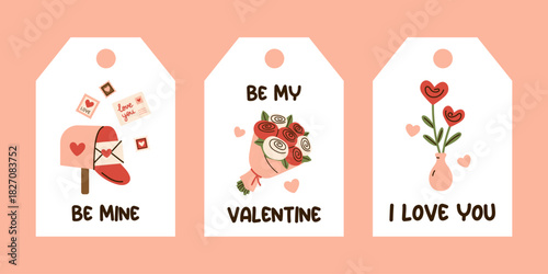 Vector Valentines Day tags with cute illustrations. Mailbox and letter, bouquet, heart flowers in vase. Gift labels or card designs with romantic holiday inscriptions for greeting, festive decor.