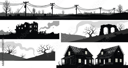 Post apocalyptic landscape with abandoned houses, ruined buildings, dead trees, smoke trails, power lines silhouette, eerie deserted environment illustration