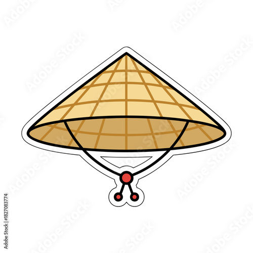 Conical Asian Hat With Chin Strap Simple Rounded Shapes Flat Solid Colors Isolated On Black Background Traditional Headwear