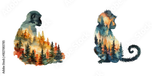 silhouette monkey with forest scene inside watercolor vector illustration
