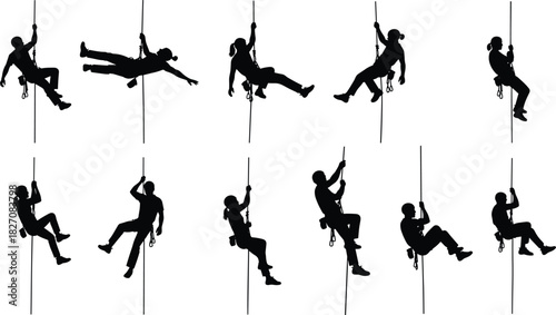 Silhouettes of climbers descending and rappelling on rope, adventure sport illustration, mountaineering safety equipment, extreme outdoor activity graphic set