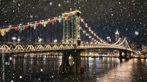 Decorated Manhattan Bridge with falling snow over East River at night, creating holiday ambiance. Manhattan Bridge glows with warm lights and festive garlands reflected in the water