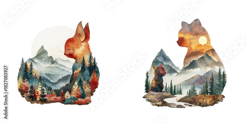 silhouette pika with mountain scene inside watercolor vector illustration
